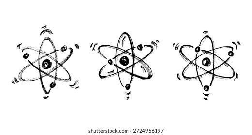 Set of hand drawn atom sign Molecule clipart in doodle style Symbol of science, education, nuclear energy, scientific research, molecular chemistry Single element for print, web, design