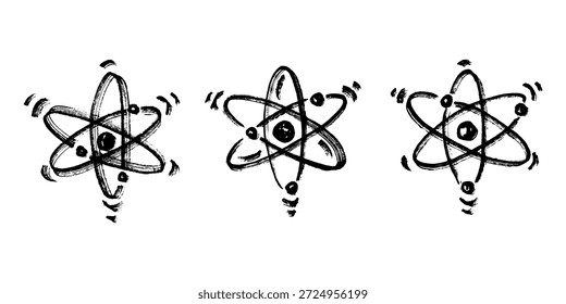 Set of hand drawn atom sign Molecule clipart in doodle style Symbol of science, education, nuclear energy, scientific research, molecular chemistry Single element for print, web, design