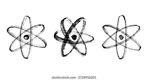 Set of hand drawn atom sign Molecule clipart in doodle style Symbol of science, education, nuclear energy, scientific research, molecular chemistry Single element for print, web, design