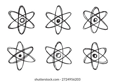 Set of hand drawn atom sign Molecule clipart in doodle style Symbol of science, education, nuclear energy, scientific research, molecular chemistry Single element for print, web, design