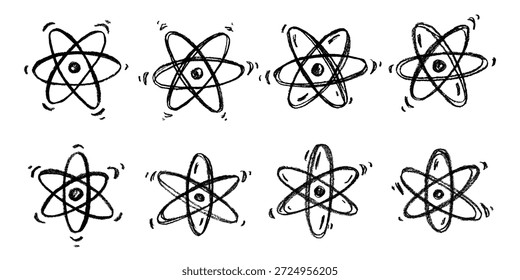 Set of hand drawn atom sign Molecule clipart in doodle style Symbol of science, education, nuclear energy, scientific research, molecular chemistry Single element for print, web, design