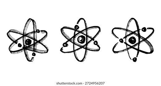 Set of hand drawn atom sign Molecule clipart in doodle style Symbol of science, education, nuclear energy, scientific research, molecular chemistry Single element for print, web, design