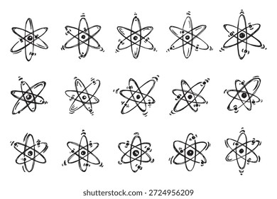 Set of hand drawn atom sign Molecule clipart in doodle style Symbol of science, education, nuclear energy, scientific research, molecular chemistry Single element for print, web, design