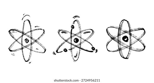 Set of hand drawn atom sign Molecule clipart in doodle style Symbol of science, education, nuclear energy, scientific research, molecular chemistry Single element for print, web, design