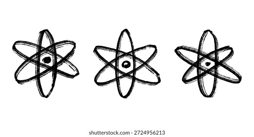 Set of hand drawn atom sign Molecule clipart in doodle style Symbol of science, education, nuclear energy, scientific research, molecular chemistry Single element for print, web, design