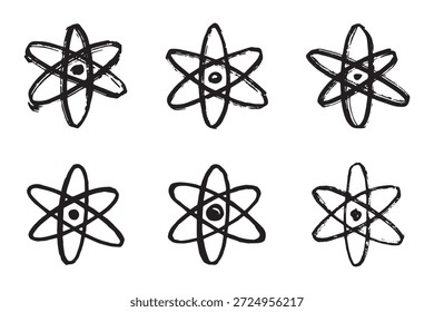Set of hand drawn atom sign Molecule clipart in doodle style Symbol of science, education, nuclear energy, scientific research, molecular chemistry Single element for print, web, design