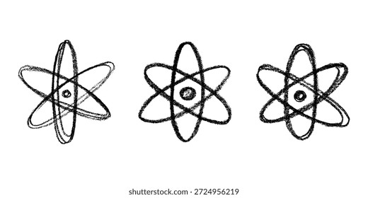 Set of hand drawn atom sign Molecule clipart in doodle style Symbol of science, education, nuclear energy, scientific research, molecular chemistry Single element for print, web, design