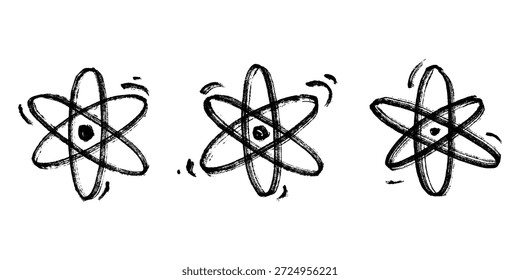 Set of hand drawn atom sign Molecule clipart in doodle style Symbol of science, education, nuclear energy, scientific research, molecular chemistry Single element for print, web, design