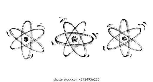 Set of hand drawn atom sign Molecule clipart in doodle style Symbol of science, education, nuclear energy, scientific research, molecular chemistry Single element for print, web, design