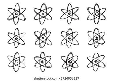Set of hand drawn atom sign Molecule clipart in doodle style Symbol of science, education, nuclear energy, scientific research, molecular chemistry Single element for print, web, design
