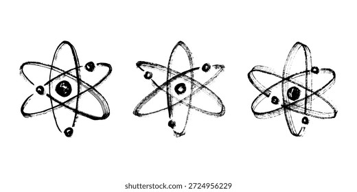 Set of hand drawn atom sign Molecule clipart in doodle style Symbol of science, education, nuclear energy, scientific research, molecular chemistry Single element for print, web, design