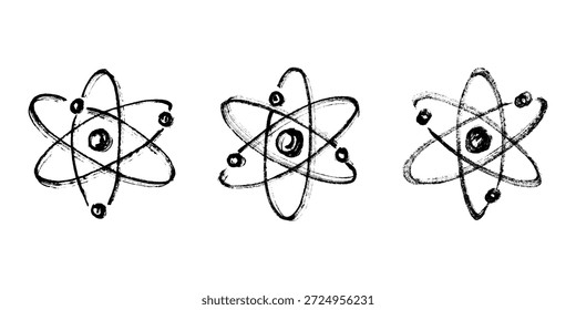Set of hand drawn atom sign Molecule clipart in doodle style Symbol of science, education, nuclear energy, scientific research, molecular chemistry Single element for print, web, design