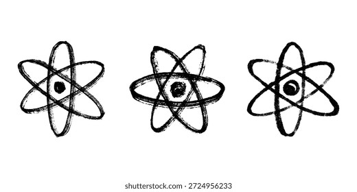 Set of hand drawn atom sign Molecule clipart in doodle style Symbol of science, education, nuclear energy, scientific research, molecular chemistry Single element for print, web, design