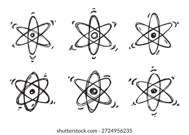 Set of hand drawn atom sign Molecule clipart in doodle style Symbol of science, education, nuclear energy, scientific research, molecular chemistry Single element for print, web, design