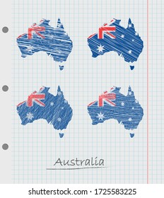 Set of hand drawn Australia map with the flag.