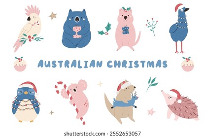 Conjunto de caracteres animais australianos desenhados à mão koala, quokka, kookaburra, cacatua, emu, echidna e canguru
