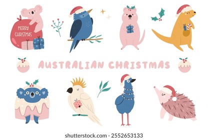 Set of hand drawn Australian animal characters koala, quokka, kookaburra, cockatoo, emu, echidna and kangaroo