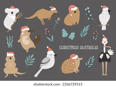 Set of hand drawn australian animals in Christmas santa hats - koala, ostrich, kangaroo, platypus, echidna, quokka, cockatoo, kookaburra, wombat.