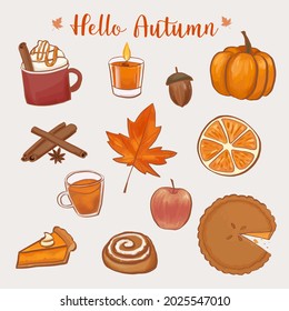 Set of hand drawn autumn atmosphere elements. Isolated fall sticker collection. Vector illustration EPS 10