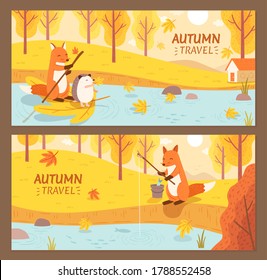 Set of hand drawn autumn banner, with cute animals travelling along the river in the forest