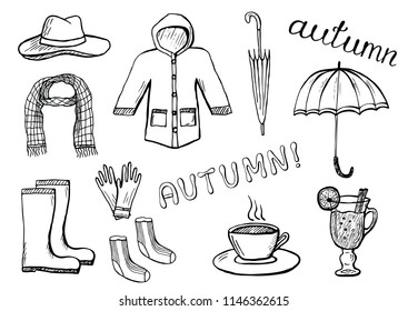 Set of hand drawn autumn clothes and accessories. Black and white vector illustration isolated on white background. Pencil or ink drawing