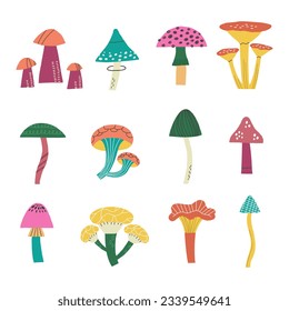 Set hand drawn autumn different mushrooms. Cute wild forest fungus isolated vector