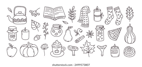 Set of hand drawn autumn doodles. Scarf, candles, hot cocoa, socks, pie, apple, jam, leaves, berries, acorns and mushrooms. Cozy fall collection. Cute season stickers. Vector illustration.