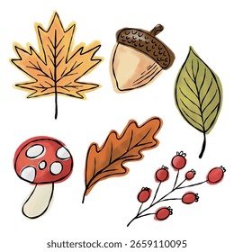Conjunto de Ilustraciones de elementos de otoño dibujadas a mano en estilo Doodle de acuarela que incluye seta, hoja de arce, bellota f