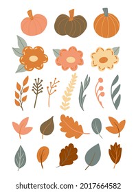 Set of hand drawn autumn elements in simple Scandinavian style. Pumpkin, fall flowers, herbs, branches, leaves. Cute design elements. Seasonal clip art for Thanksgiving, Halloween. Wreath creator