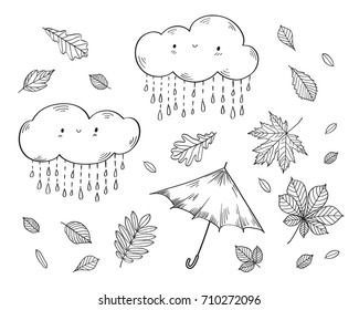 Set of hand drawn autumn elements. Leaves of different trees, umbrella and clouds. Black and white image.  Vector illustration.