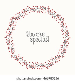 Set of hand drawn autumn frame of berries. Wreath for invitations and birthday cards. Abstract vector. Floral illustration. Graphic style. Fall print. Doodle art elements. Frame collection.
