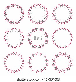 Set of hand drawn autumn frame of berries. Wreath for invitations and birthday cards. Abstract vector. Floral illustration. Graphic style. Fall print. Doodle art elements. Frame collection.