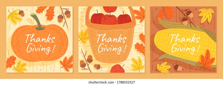 Set of hand drawn autumn harvest illustrations, with pumpkin, apples and corn on wooden table, for square banner use