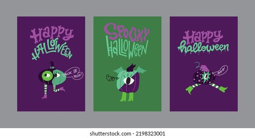 Set of hand drawn autumn holiday greeting cards or posters with hand lettering text and traditional elements. Handwritten inscriptions Happy and Spooky Halloween, eerie pumpkins in costumes.