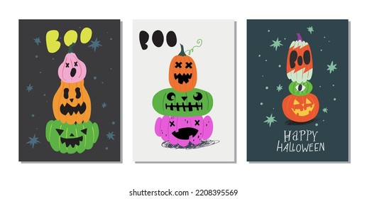 Set of hand drawn autumn holidays greeting cards or posters with stacks of three carved pumpkins and lettering quotes. Handwritten inscriptions Happy Halloween, Boo.