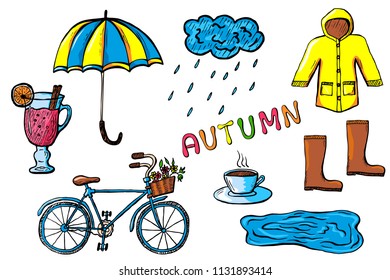 Set of hand drawn autumn icons. Seasonal clothes and weather design elements. Color vector illustration isolated on white background