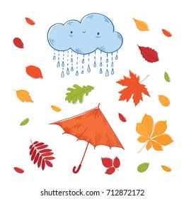 Set of hand drawn autumn leaves of different trees, umbrella and clouds. Vector illustration.