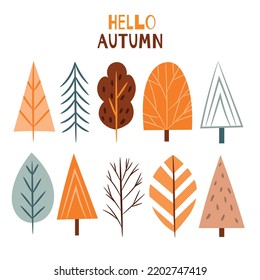 Set of hand drawn autumn trees isolated on white background