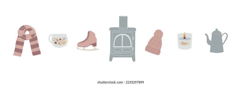 Set of hand drawn autumn and winter hygge elements