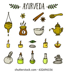 Set of hand drawn ayurvedic icons.Vector illustration.
