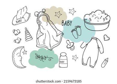 Set of hand drawn baby batching. Cartoon sketch style doodle for icon, banner. Elements little baby clothes.