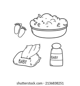 Set Of Hand Drawn Baby Bathing Items, Cartoon Sketch Style Doodle For Icon, Banner.