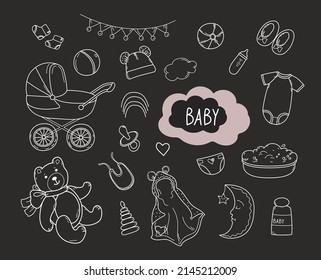 Set of hand drawn baby boy and girl. Cartoon sketch style doodle chalk for icon, banner. Elements little baby clothes.