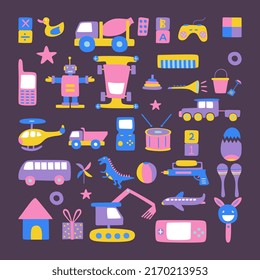 Set Of Hand Drawn Baby Boy Toys With Game Console, Duck, Truck, Stick, Phone, Robot, Piano, Trumpet, Drum, Dinosaur, Backhoe, Airplane, Home And Gift Isolated On Purple Background.