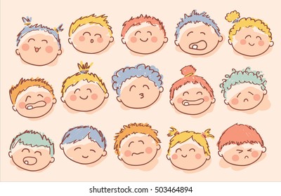 set of hand drawn baby faces and emotions 