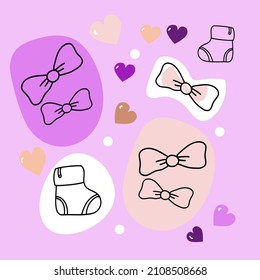 Set of hand drawn baby girl. Cartoon sketch style doodle for icon, banner. Elements little girls clothes.