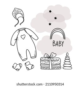 Set of hand drawn baby girl. Cartoon sketch style doodle for icon, banner. Elements little girls clothes.