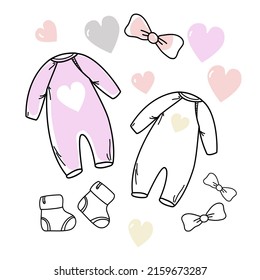 Set of hand drawn baby girl. Cartoon sketch style doodle for icon, banner. Elements little girls clothes.