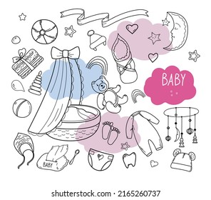Set of hand drawn baby girl. Cartoon sketch style doodle for icon, banner. Elements little baby clothes.