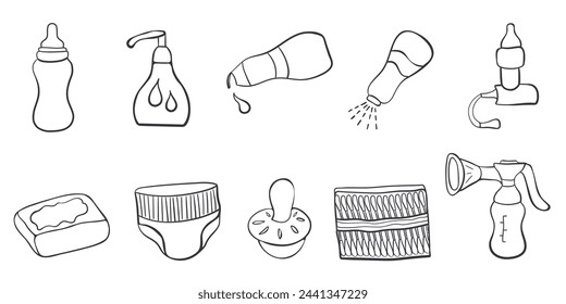 Set of hand drawn baby goods icons. Doodle vector illustration. Hand gel Moisturizer Lotion Toner Soap Hygiene Spray Pacifier Ear buds Diaper Aspirator Breast pump.